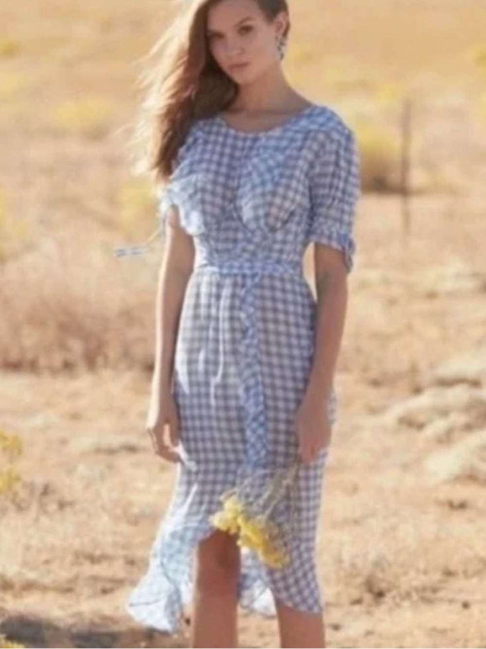 For love and lemons Dorothy dress blue gingham small chiffon rufffke midi slit